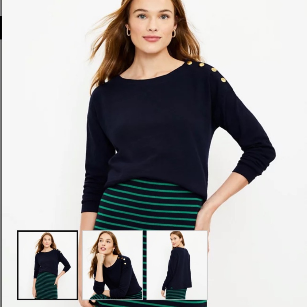 Loft by Ann Taylor NWT Shoulder Gold Button Top Sweatshirt Navy XS Oversized